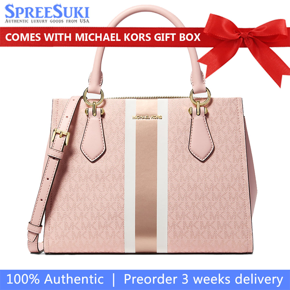 Michael Kors Marilyn Medium Signature Logo Stripe Satchel Powder Blush Blush Pink # 35F5G6AS6V