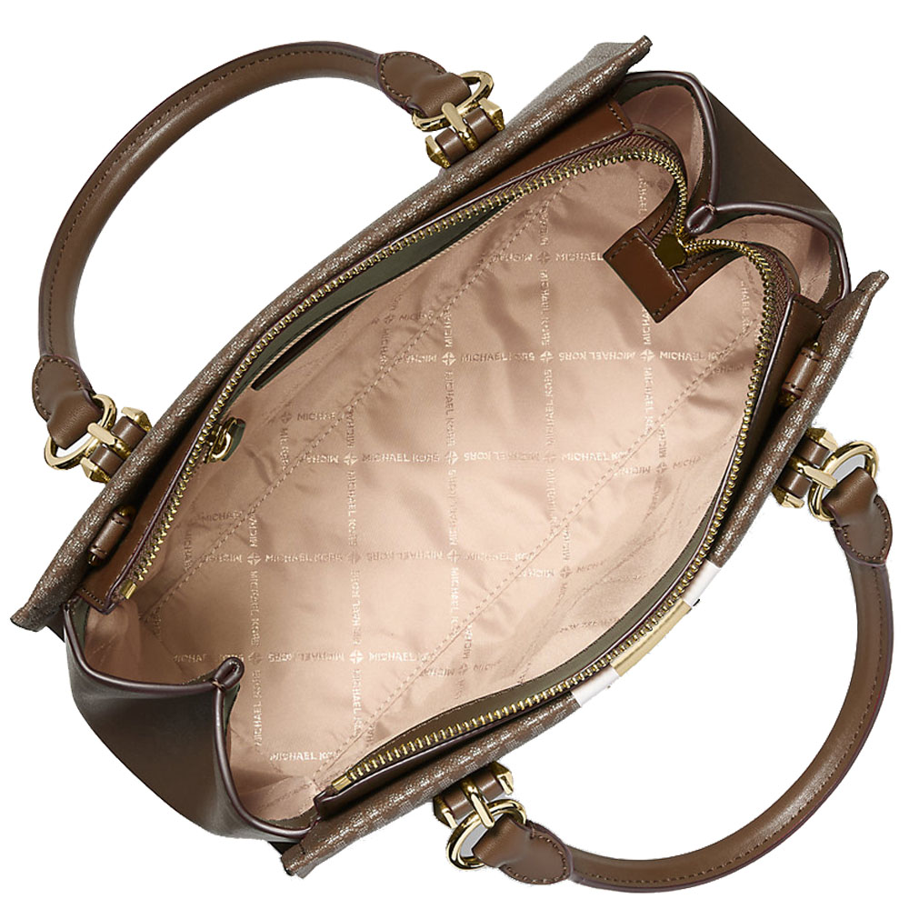 Michael Kors Marilyn Medium Signature Logo Stripe Satchel Brown # 35F5G6AS6V