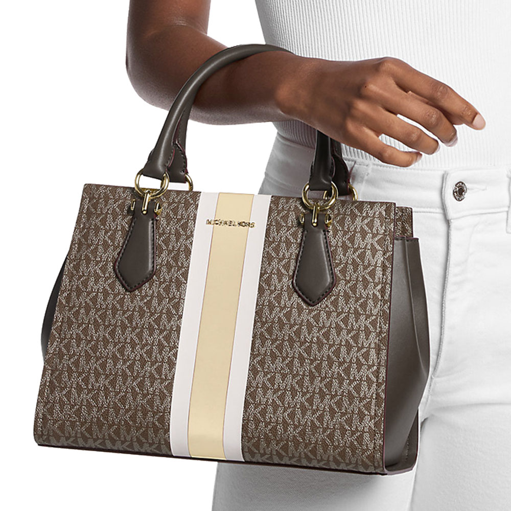 Michael Kors Marilyn Medium Signature Logo Stripe Satchel Brown # 35F5G6AS6V