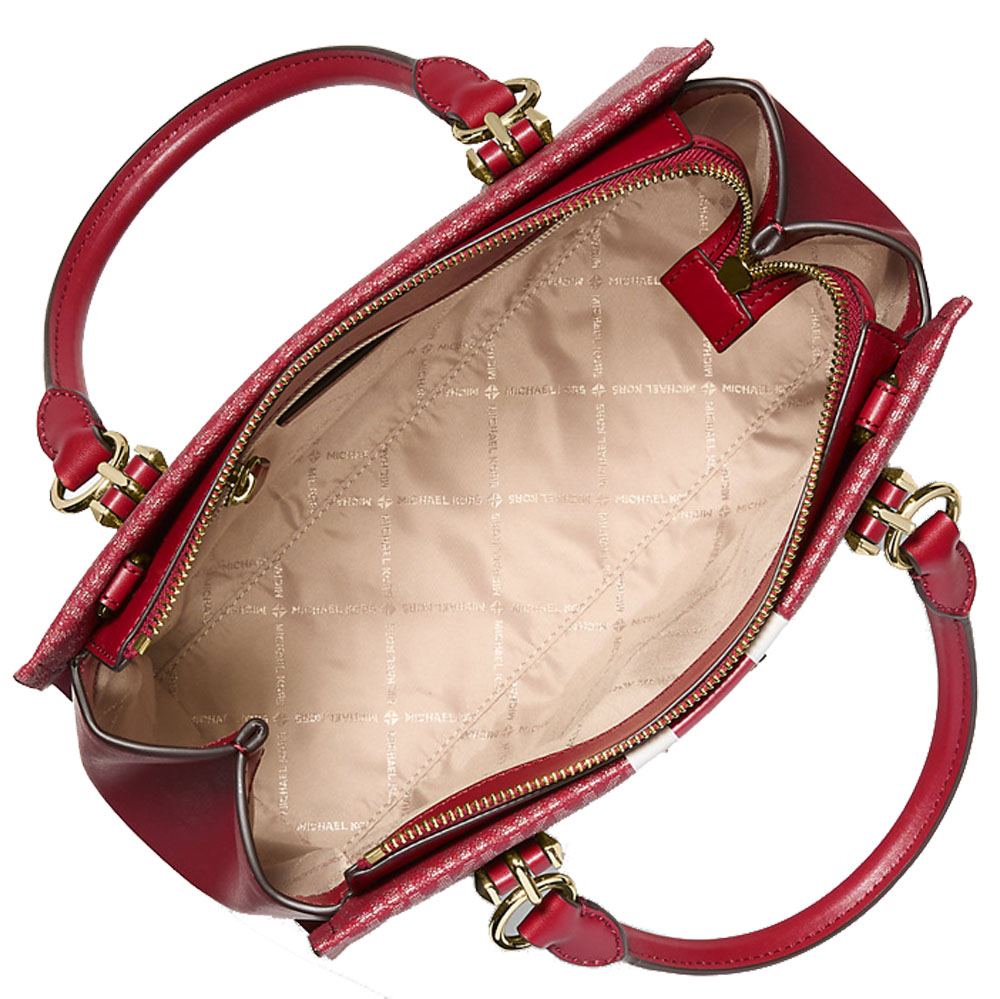Michael Kors Marilyn Medium Signature Logo Stripe Satchel Cherry Dark Red # 35F5G6AS6V