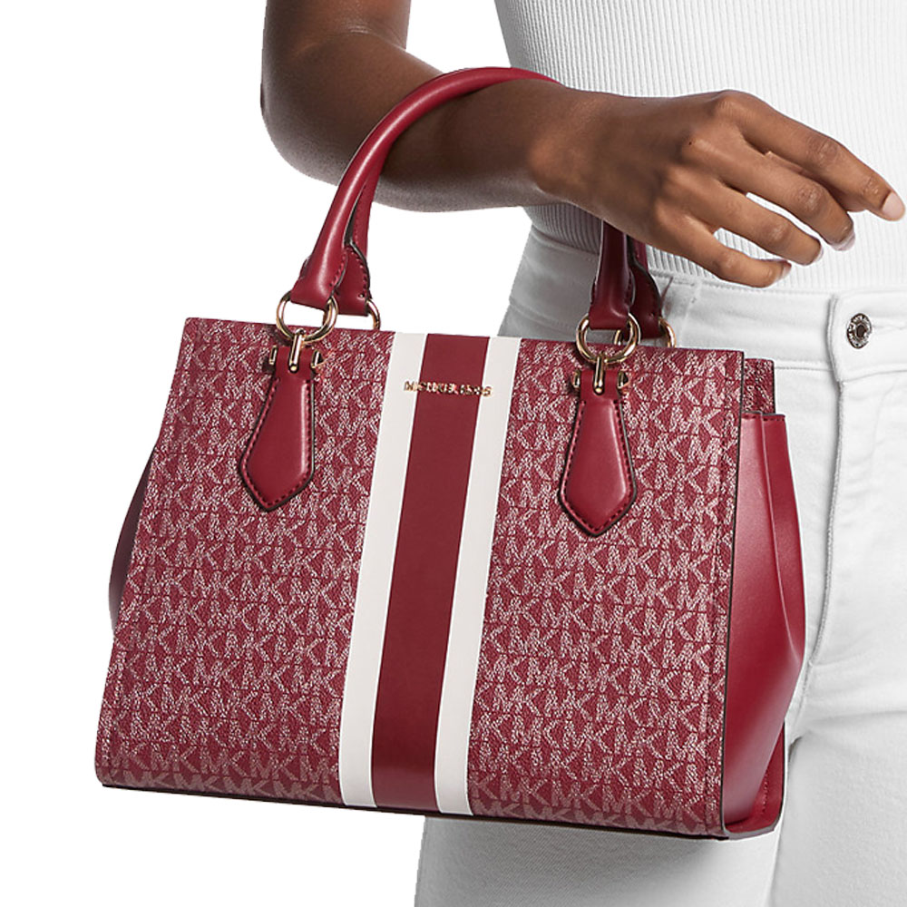 Michael Kors Marilyn Medium Signature Logo Stripe Satchel Cherry Dark Red # 35F5G6AS6V
