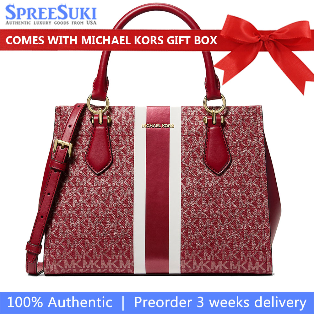 Michael Kors Marilyn Medium Signature Logo Stripe Satchel Cherry Dark Red # 35F5G6AS6V