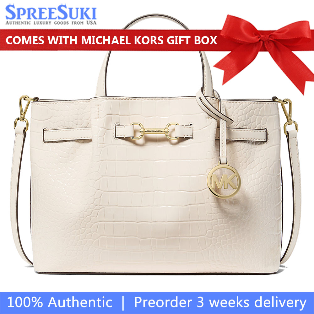 Michael Kors Carson Medium Crocodile Embossed Satchel Light Cream # 35F5G2ZS3A
