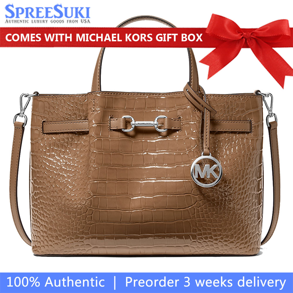 Michael Kors Carson Medium Crocodile Embossed Satchel Driftwood Brown # 35F5S2ZS3A