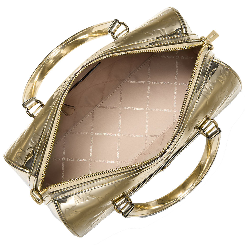 Michael Kors Jet Set Medium Metallic Logo Debossed Satchel Pale Gold # 35F5GTFS6O