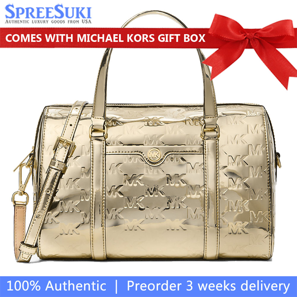Michael Kors Jet Set Medium Metallic Logo Debossed Satchel Pale Gold # 35F5GTFS6O