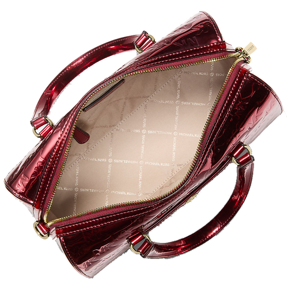Michael Kors Jet Set Medium Metallic Logo Debossed Satchel Cherry Dark Red # 35F5GTFS6O