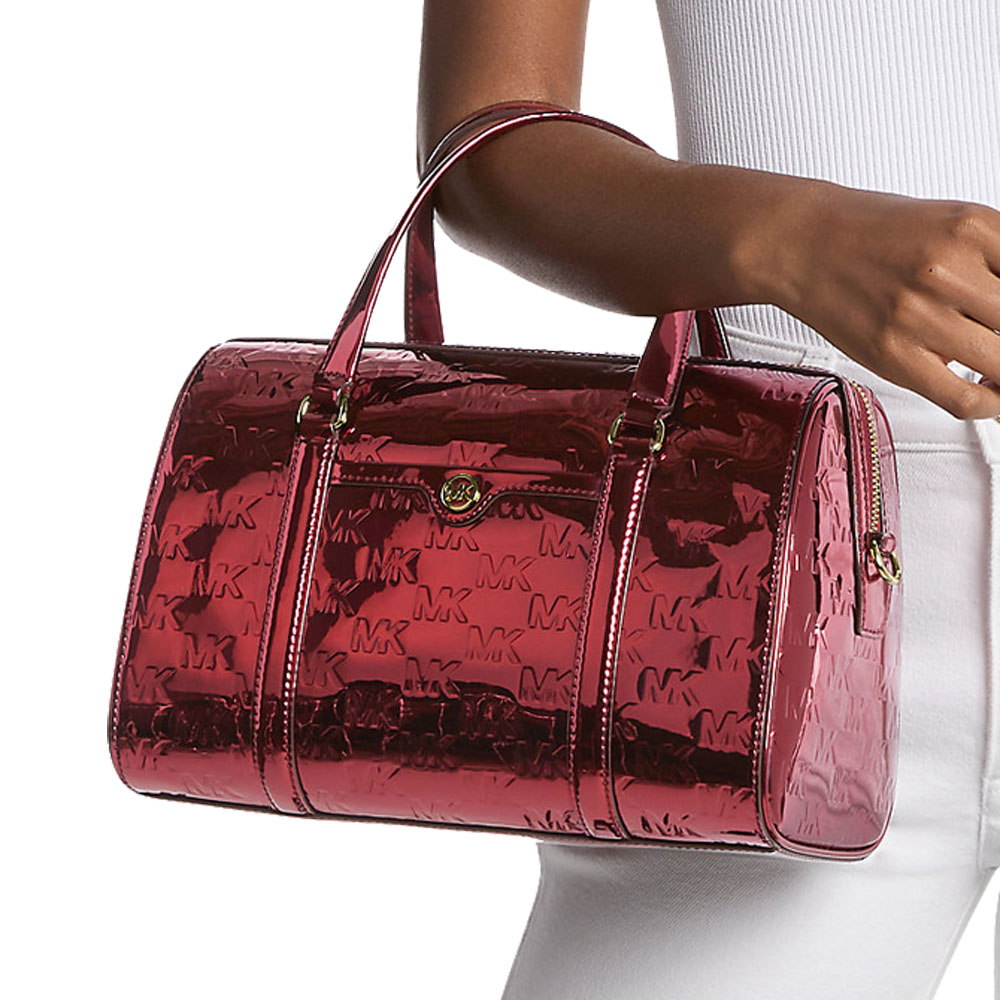 Michael Kors Jet Set Medium Metallic Logo Debossed Satchel Cherry Dark Red # 35F5GTFS6O