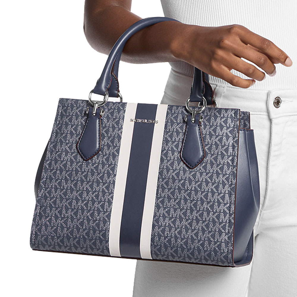 Michael Kors Marilyn Medium Signature Logo Stripe Satchel Navy # 35F5S6AS6V