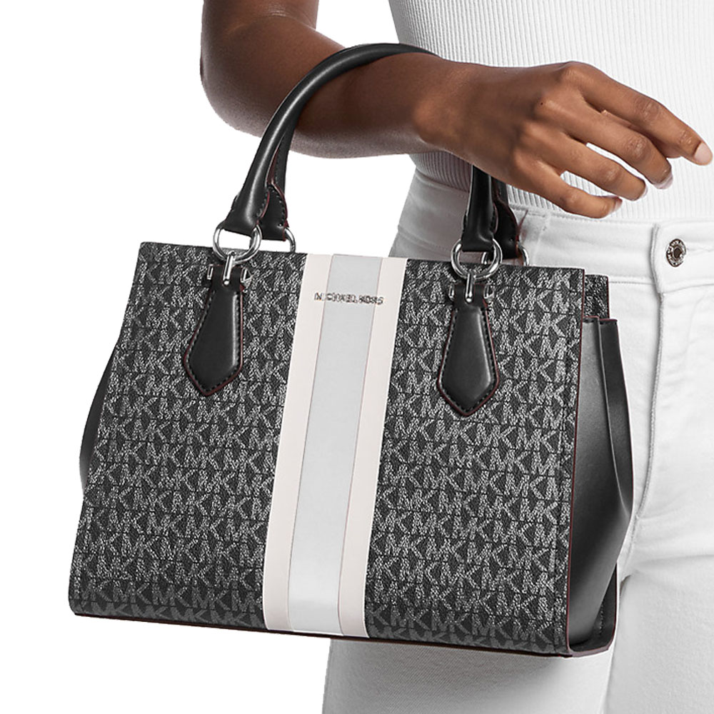 Michael Kors Marilyn Medium Signature Logo Stripe Satchel Black # 35F5S6AS6V