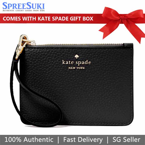 Kate Spade Lena Pebbled Leather Small Card Holder Wristlet Card Case Black # KH789