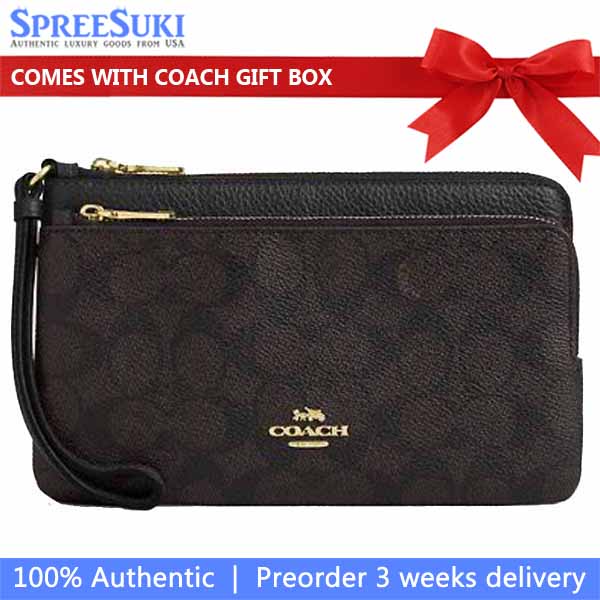 Coach Double Zip Wallet In Signature Canvas Large Wristlet Walnut Brown Black Dark Brown # CX161