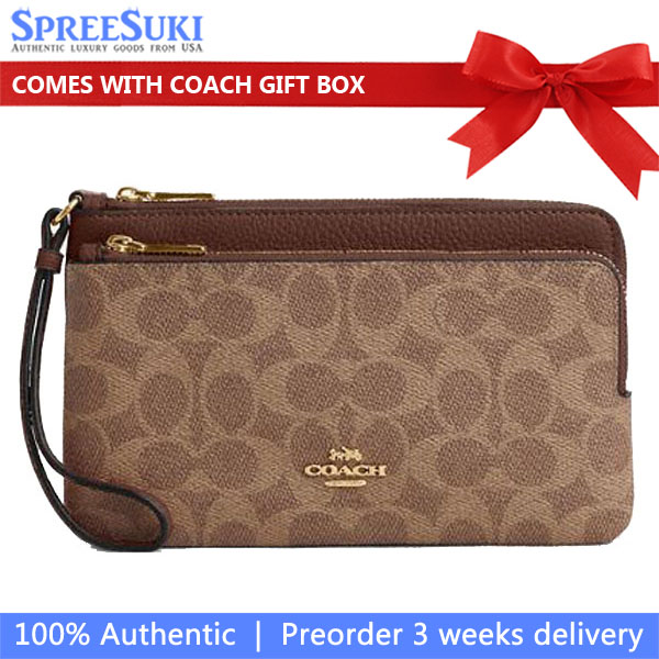 Coach Double Zip Wallet In Signature Canvas Tan Brown # CX161