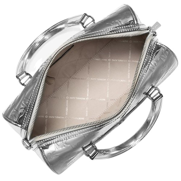 Michael Kors Jet Set Medium Patent Logo Debossed Duffel Crossbody Bag Silver # 35F5STFS6O