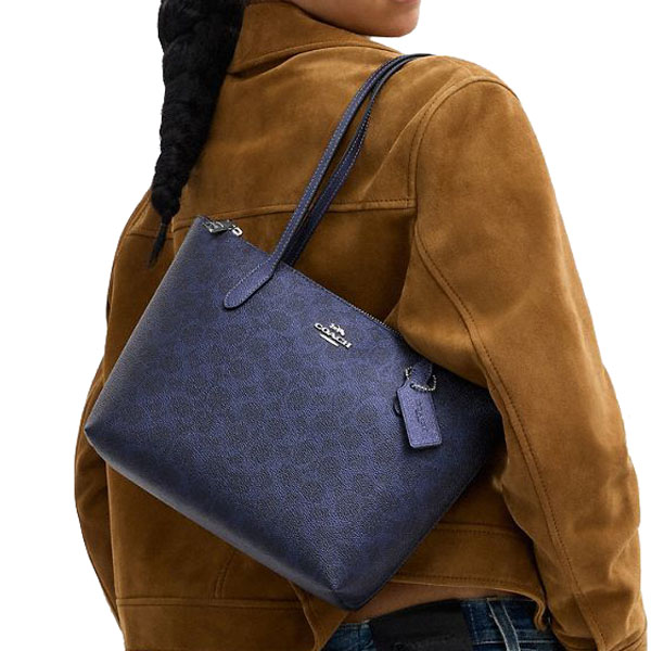 Coach Fiona Zip Tote Bag In Signature Canvas Silver Blue Navy # CW396