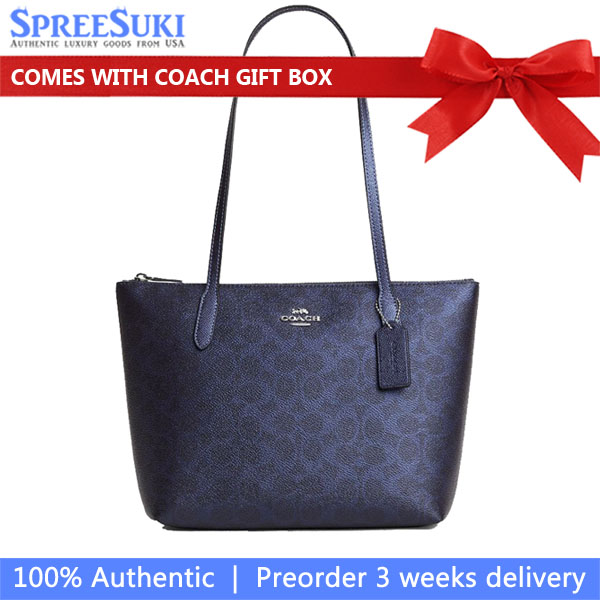 Coach Fiona Zip Tote Bag In Signature Canvas Silver Blue Navy # CW396