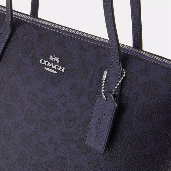 Coach Fiona Zip Tote Bag In Signature Canvas Silver Blue Navy # CW396