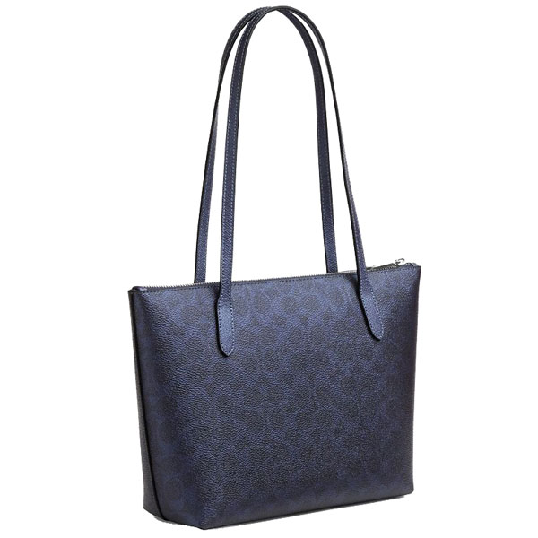 Coach Fiona Zip Tote Bag In Signature Canvas Silver Blue Navy # CW396