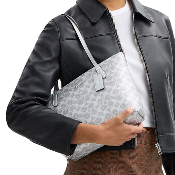 Coach Fiona Zip Tote Bag In Signature Canvas Silver Gray Silver Light Grey # CW396
