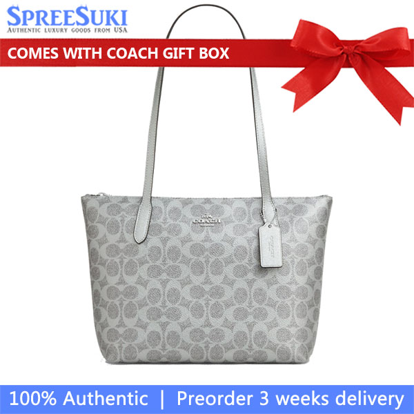 Coach Fiona Zip Tote Bag In Signature Canvas Silver Gray Silver Light Grey # CW396