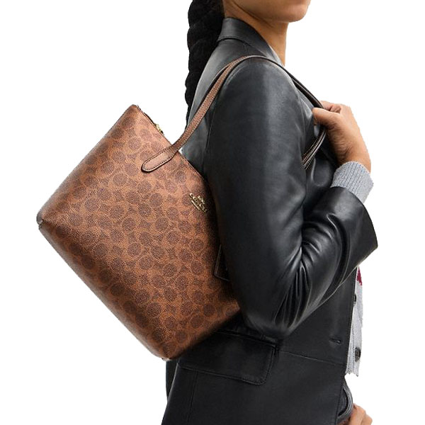 Coach Fiona Zip Tote Bag In Signature Canvas Gold Dark Brown # CW396