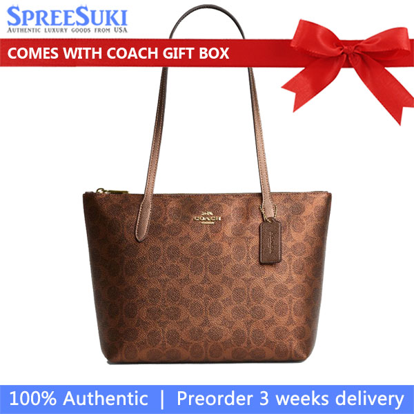 Coach Fiona Zip Tote Bag In Signature Canvas Gold Dark Brown # CW396