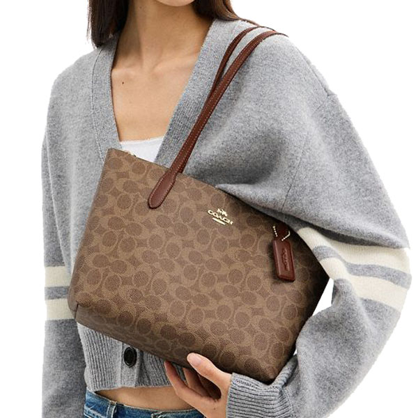 Coach Fiona Zip Tote Bag In Signature Canvas Tan Brown # CBT18
