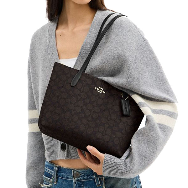 Coach Fiona Zip Tote Bag In Signature Canvas Walnut Black # CBT18