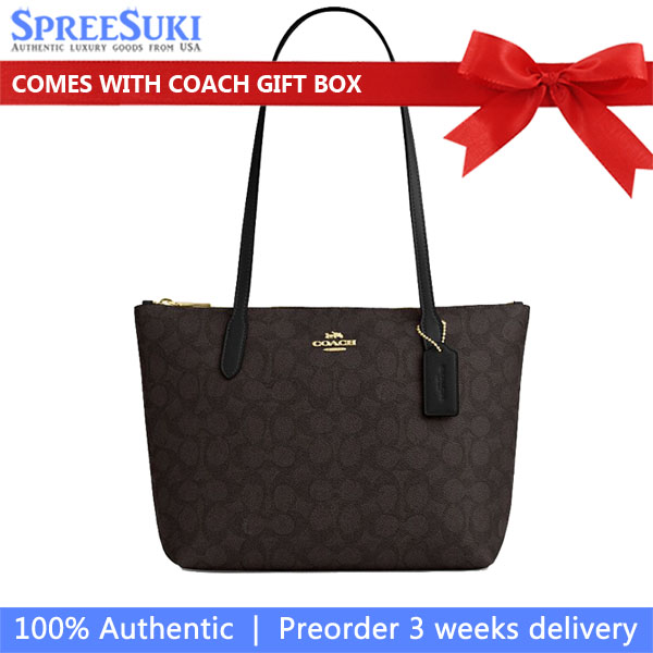Coach Fiona Zip Tote Bag In Signature Canvas Walnut Black # CBT18