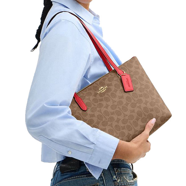 Coach Fiona Zip Tote Bag In Signature Canvas Tan Carnation Brown # CBT18