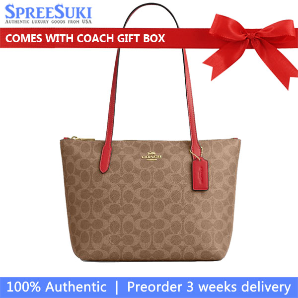 Coach Fiona Zip Tote Bag In Signature Canvas Tan Carnation Brown # CBT18