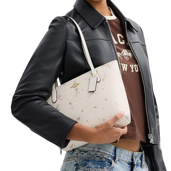 Coach Fiona Zip Tote Bag With Star Print Chalk Multi Off White # CCL43