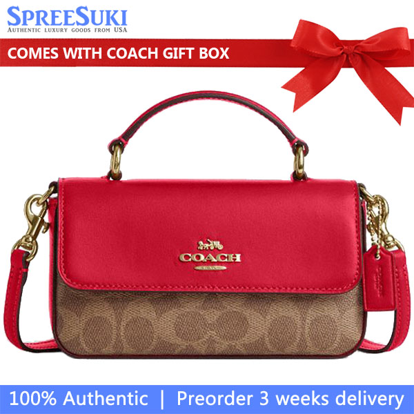 Coach Mini Josie Top Handle Bag In Signature Canvas Tan Carnation Red # CCK81