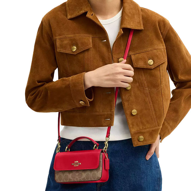 Coach Mini Josie Top Handle Bag In Signature Canvas Tan Carnation Red # CCK81