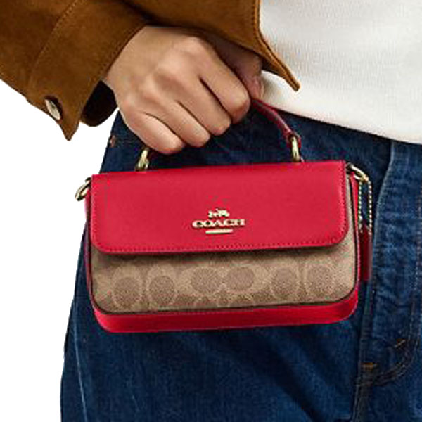 Coach Mini Josie Top Handle Bag In Signature Canvas Tan Carnation Red # CCK81