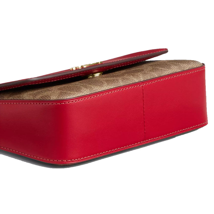 Coach Mini Josie Top Handle Bag In Signature Canvas Tan Carnation Red # CCK81