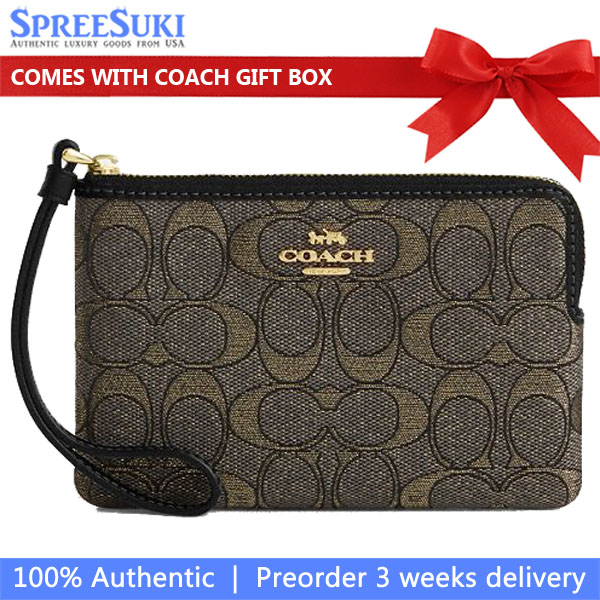 Coach Corner Zip Wristlet In Signature Jacquard Charcoal Gold Green # CCL22