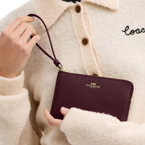 Coach Small Wristlet Crossgrain Leather Corner Zip Dark Wine # CV396