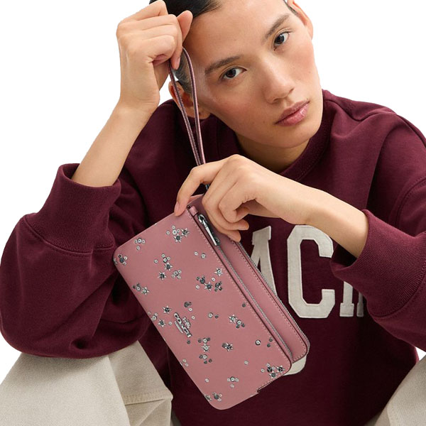 Coach Double Zip Wallet With Star Print Silver Dusty Pink # CCJ69