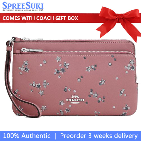 Coach Double Zip Wallet With Star Print Silver Dusty Pink # CCJ69