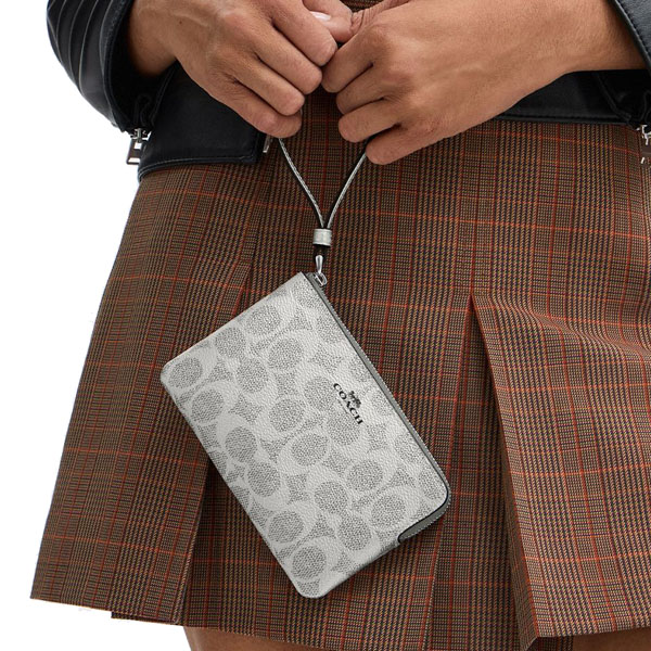 Coach Corner Zip Wristlet In Signature Canvas Silver Gray Silver Light Grey # CCK71