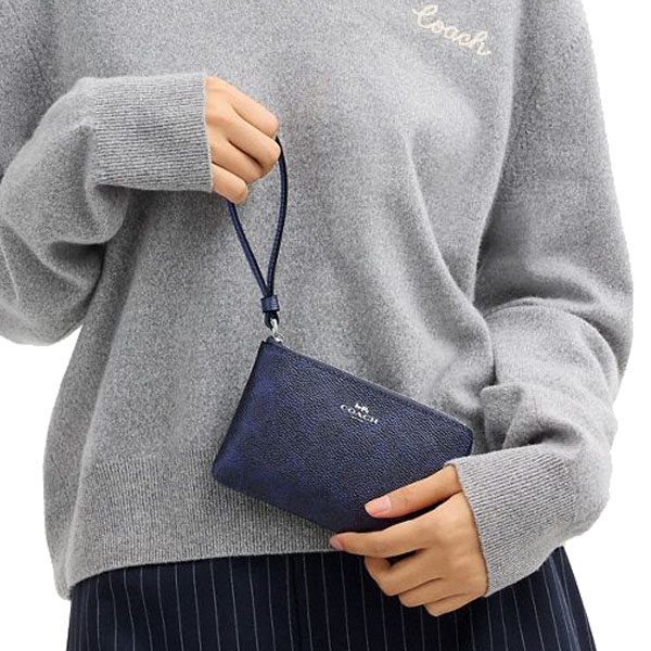 Coach Corner Zip Wristlet In Signature Canvas Silver Blue Navy # CCK71