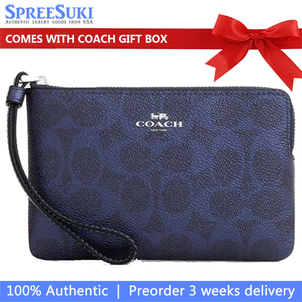 Coach Corner Zip Wristlet In Signature Canvas Silver Blue Navy # CCK71