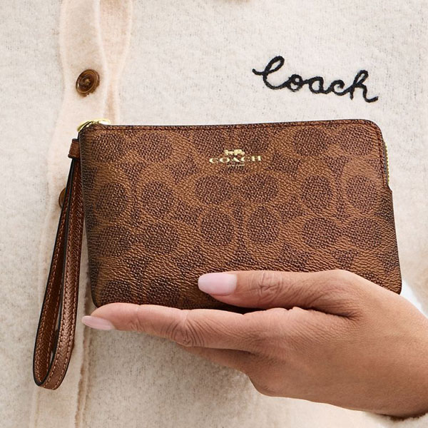 Coach Corner Zip Wristlet In Signature Canvas Brown Copper Dark Brown # CCK71