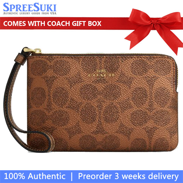 Coach Corner Zip Wristlet In Signature Canvas Brown Copper Dark Brown # CCK71