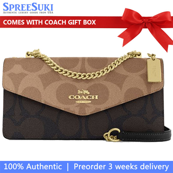 Coach Klare Envelope Crossbody Bag In Blocked Signature Canvas Walnut Tan Dark Brown # CBI99