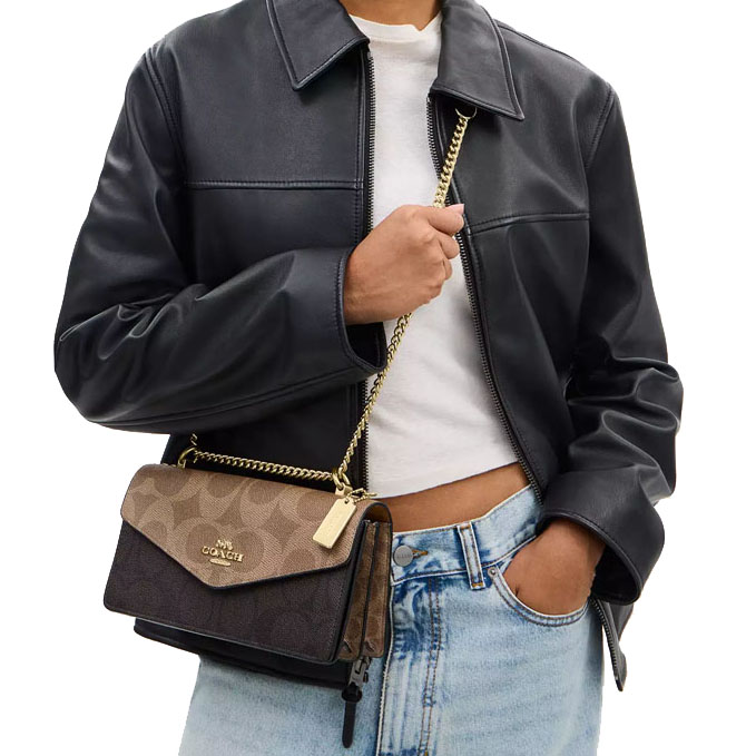 Coach Klare Envelope Crossbody Bag In Blocked Signature Canvas Walnut Tan Dark Brown # CBI99