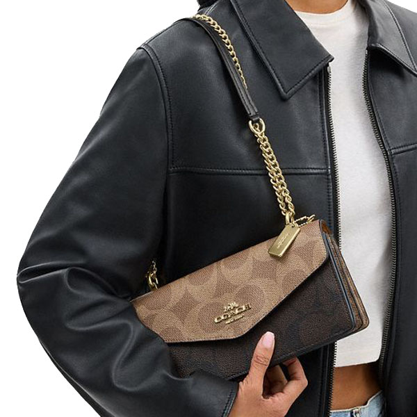 Coach Klare Envelope Crossbody Bag In Blocked Signature Canvas Walnut Tan Dark Brown # CBI99