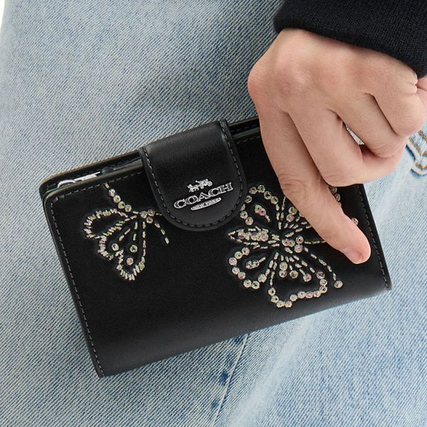 Coach Medium Corner Zip Wallet With Butterfly Print Silver Black # CCL65