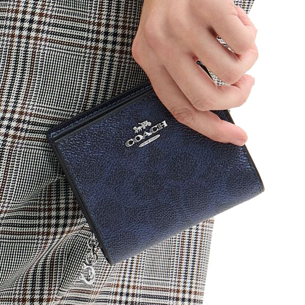 Coach Snap Wallet In Signature Canvas Silver Blue Navy # CCL96